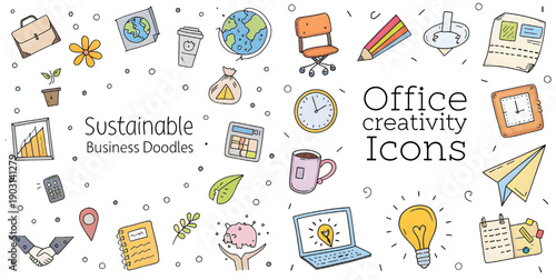 A collection of colorful office creativity icons and sustainable business doodles on a white background