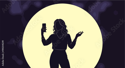 A woman takes a selfie in front of a large moonlit circle