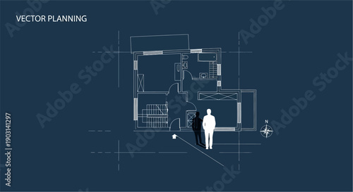 A person stands in front of a detailed architectural blueprint design