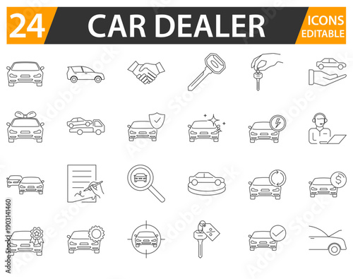 Car dealer line icon set with editable strokes.