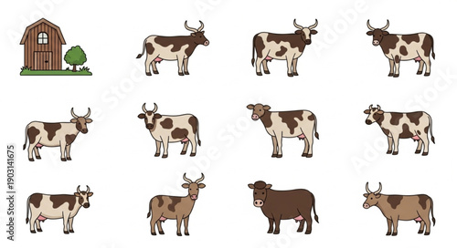 Collection of Diverse Cow Illustrations in Various Poses.