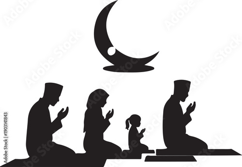 Muslim prayer silhouettes, men and women performing dua, namaz positions, islamic worship, religious devotion, ramadan faith, black silhouette illustration