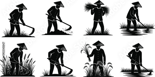 Black silhouette vector illustration collection of Asian farmers working in rice fields, harvesting crops, tilling soil, and planting seedlings for agricultural and rural farming concepts.