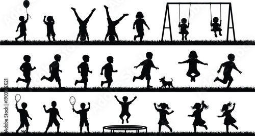 Children silhouettes playing outdoor activities, running, jumping, swinging and games, happy childhood moments collection in park scenery isolated on white background illustration