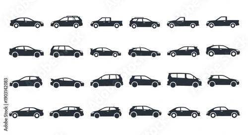 Collection of diverse car silhouettes isolated on white background.