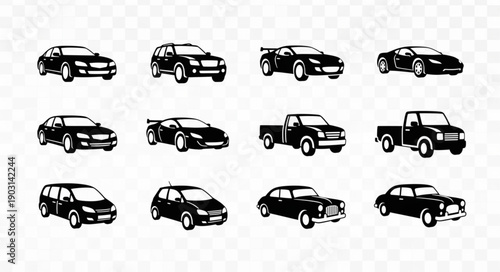 Collection of diverse car silhouettes on a transparent background.
