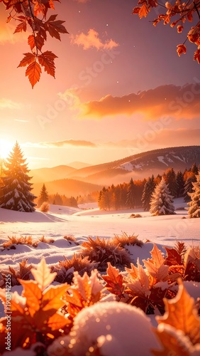 Golden hour paints a serene winter landscape with snow-covered trees and vibrant autumn leaves
