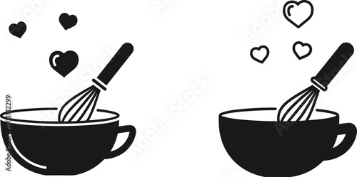 Coffee cup with whisk and heart shapes illustration, love cooking concept, kitchen utensil icon, handmade beverage preparation, minimal black and white design
