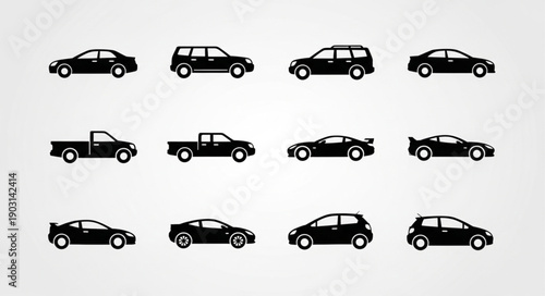 Collection of Diverse Car Silhouettes on White Background.