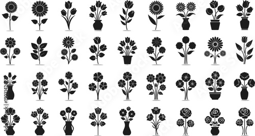 Collection of black flower silhouettes and potted plants icons in minimal vector style for floral design, home decor graphics, logos, patterns, and crafts