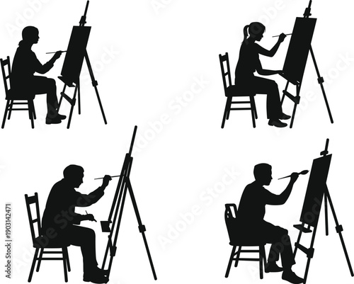 Collection of black silhouette vector illustrations featuring male and female artists sitting on chairs and painting on canvas easels for creative art studio concepts.