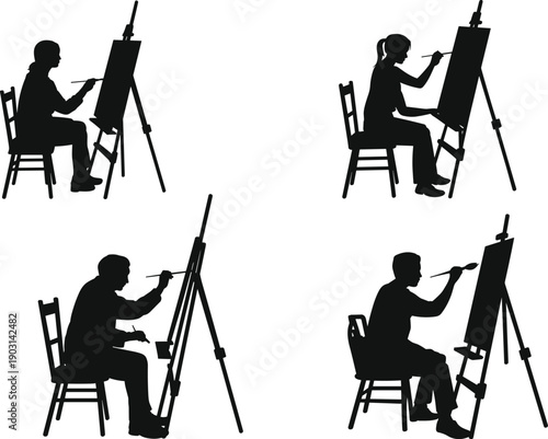 Collection of black silhouette vector illustrations featuring male and female artists sitting on chairs and painting on canvas easels for creative art studio concepts.