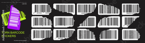 Torn barcode stickers set with ripped paper edges on dark background. Collection of product label templates for product scanning and identification.