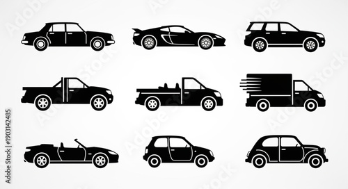 Collection of diverse car silhouettes representing different vehicle types.