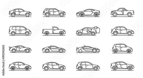 Collection of diverse car sketches in a grid layout.