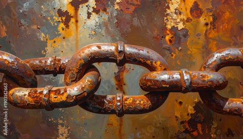 A close-up of a heavy iron chain covered in deep orange rust, lying on gritty ground, dramatic moody lighting, shallow depth of field, rich textures showing age, decay, and industrial grit.