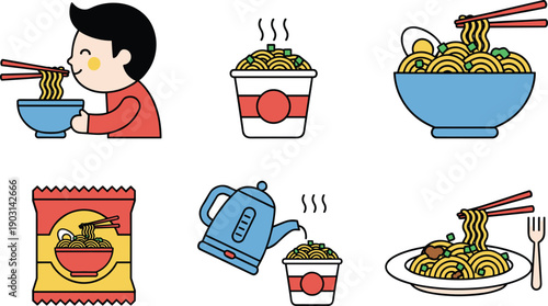 Instant Noodles and Eating Scenes Set Isolated on White Background Flat Vector Illustration