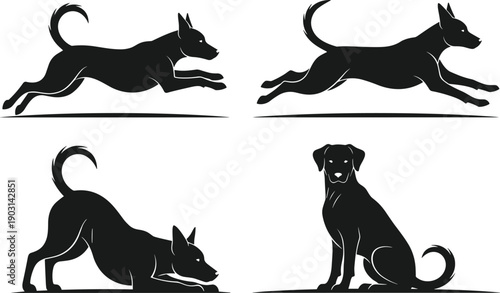 Collection of four black dog silhouettes showing various active poses like running jumping sitting and playing isolated on white background for design projects