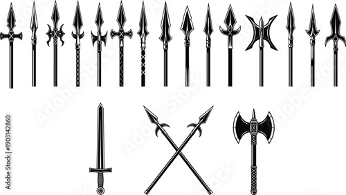Collection of medieval weapons silhouettes including spears swords and axes in black vector style for fantasy design, game assets, heraldry symbols, logos, tattoos, and historical illustrations
