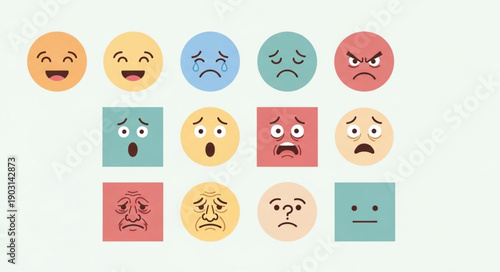 Collection of diverse cartoon emotion faces and shapes.