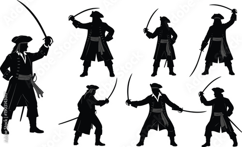 Collection of pirate swordsman silhouettes in dynamic combat poses, historical maritime warrior characters with curved sabers, black vector illustration isolated on white background