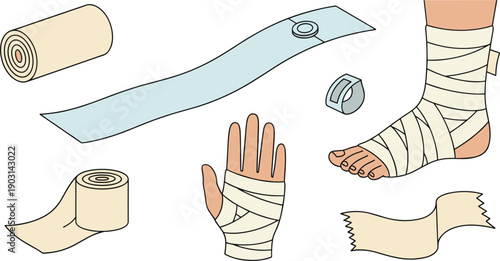 Medical Bandage and First Aid Supplies Set Isolated on White Background Flat Vector Illustration