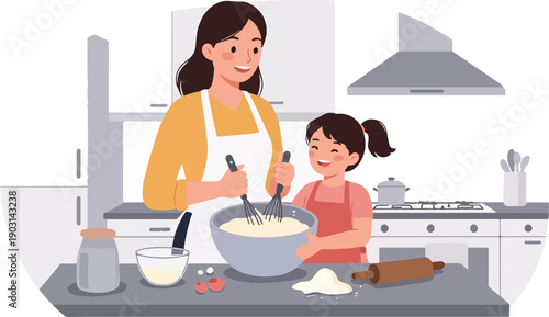 Mother and Daughter Baking Together in a Modern Kitchen
