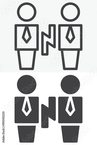 Business conflict icon set in different style with opposite figures. Line, outline and solid icon versions, editable stroke vector sign and symbol. Conflict icon.