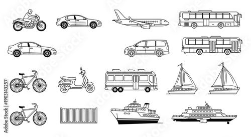 Transport vehicle outline icon collection, land air water transportation line illustration set, public private travel automotive vector design bundle