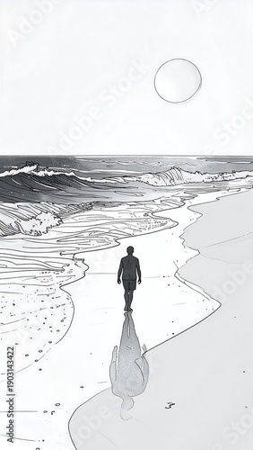 Elegant minimalist line art of person walking along seaside shore