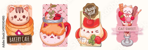 Kawaii Cat Dessert Sticker Set - Cute Kitten Pancake, Sundae, Pudding, and Parfait Illustrations for Bakery Branding