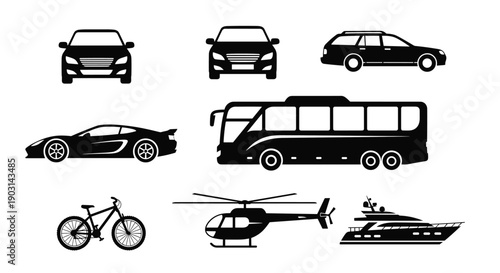 Transport vehicle silhouette icon set, car bus bicycle helicopter yacht side view vector illustration, travel mobility transport design
