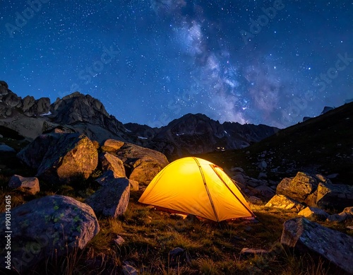 A glowing tent under the starry sky at mountain base surrounded by rocks