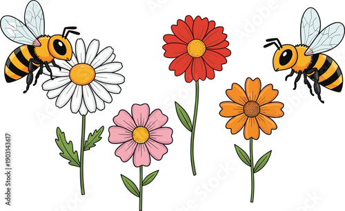 Colorful Vector Illustration of Honeybees Flying Around Beautiful Spring Flowers Including Daisies and Cosmos Isolated on White Background for Nature and Garden Themes