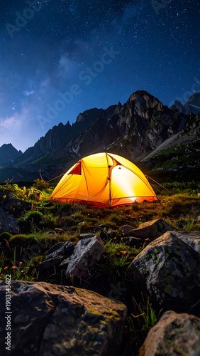 A glowing tent under the starry sky at mountain base surrounded by rocks