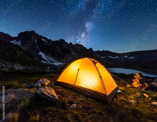 A glowing tent under the starry sky at mountain base surrounded by rocks