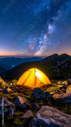A glowing tent under the starry sky at mountain base surrounded by rocks