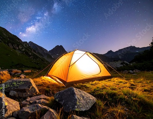 A glowing tent under the starry sky at mountain base surrounded by rocks