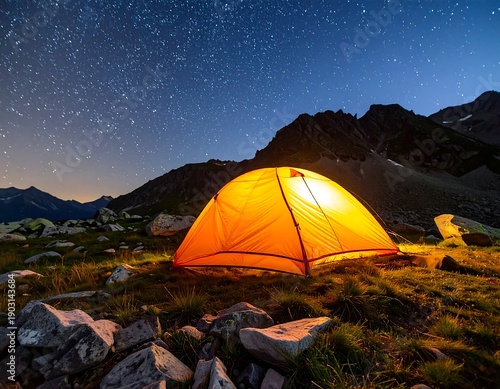 A glowing tent under the starry sky at mountain base surrounded by rocks