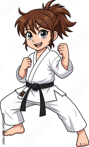 Confident cartoon girl practicing karate martial arts wearing white gi and black belt, kids sports illustration showing strength, discipline, self defense, training concept