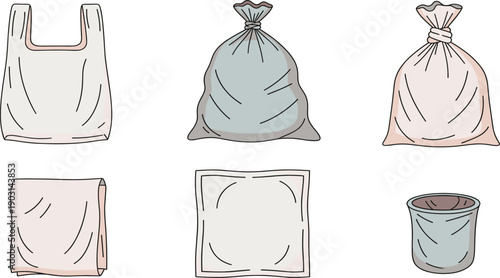 Plastic and Garbage Bags Collection Isolated on White Background Flat Vector Illustration