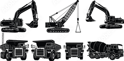 Construction machinery silhouette set featuring excavators, cranes, dump trucks and concrete mixers, heavy industrial vehicles collection, black vector illustration isolated on white background