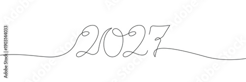 Continuous one line drawing of year 2027 for new year celebration and future planning. Single line drawing. Editable stroke. Doodle hand drawn vector illustration