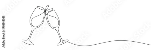 Continuous one line drawing of two champagne glasses clinking for a celebration toast event. Single line drawing. Editable stroke. Doodle hand drawn vector illustration