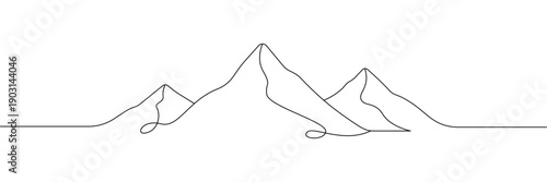 Continuous one line drawing of mountain peaks minimalist landscape nature range outline art illustration. Single line drawing. Editable stroke. Doodle hand drawn vector illustration