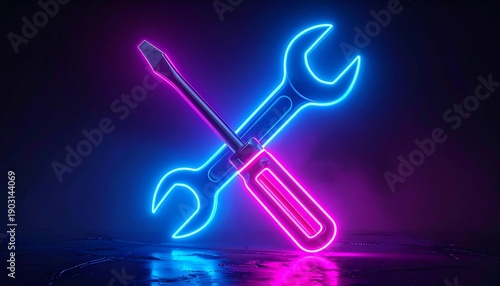 Glowing neon tools forming a wrench and screwdriver icon on a dark background, vibrant blue and pink lights, futuristic tech aesthetic, repair and maintenance concept, reflections on glossy surface, h