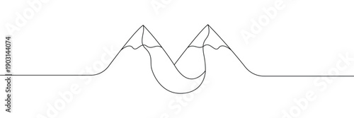 Minimalist continuous one line drawing of two mountain peaks with snow caps and horizon. Single line drawing. Editable stroke. Doodle hand drawn vector illustration