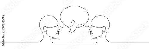 Continuous one line drawing of two human heads talking with a central speech bubble. Single line drawing. Editable stroke. Doodle hand drawn vector illustration