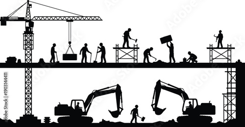 Detailed silhouette vector illustration of a busy construction site with crane excavators and workers building a structure for industrial and engineering design concepts