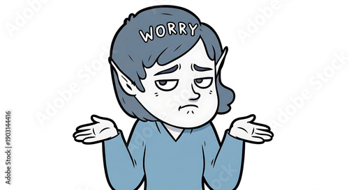 Stressed cartoon character with worried expression and shrugging gesture blue shirt and gray hair isolated on white background